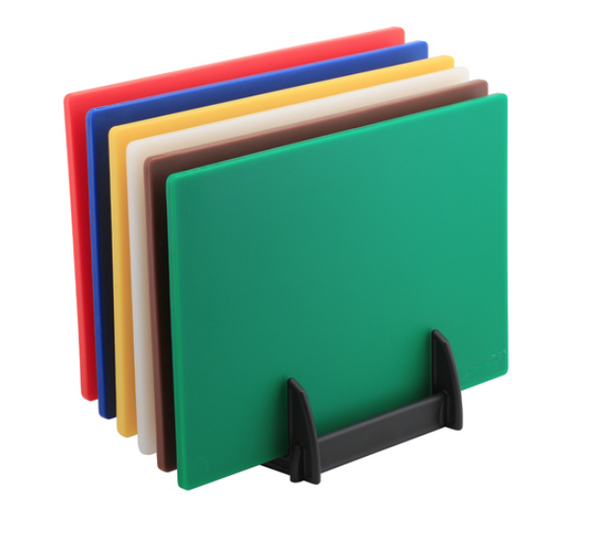Genware High Density PE Cutting Board 18 x12x0.5"Set of 6 Coloured Boards & rack