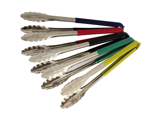 Genware Colour Coded Stainless Steel Tongs Black 23cm